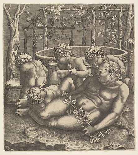 Silenus reclining before wine vats, he grasps a grapevine and is surrounded by four nude children