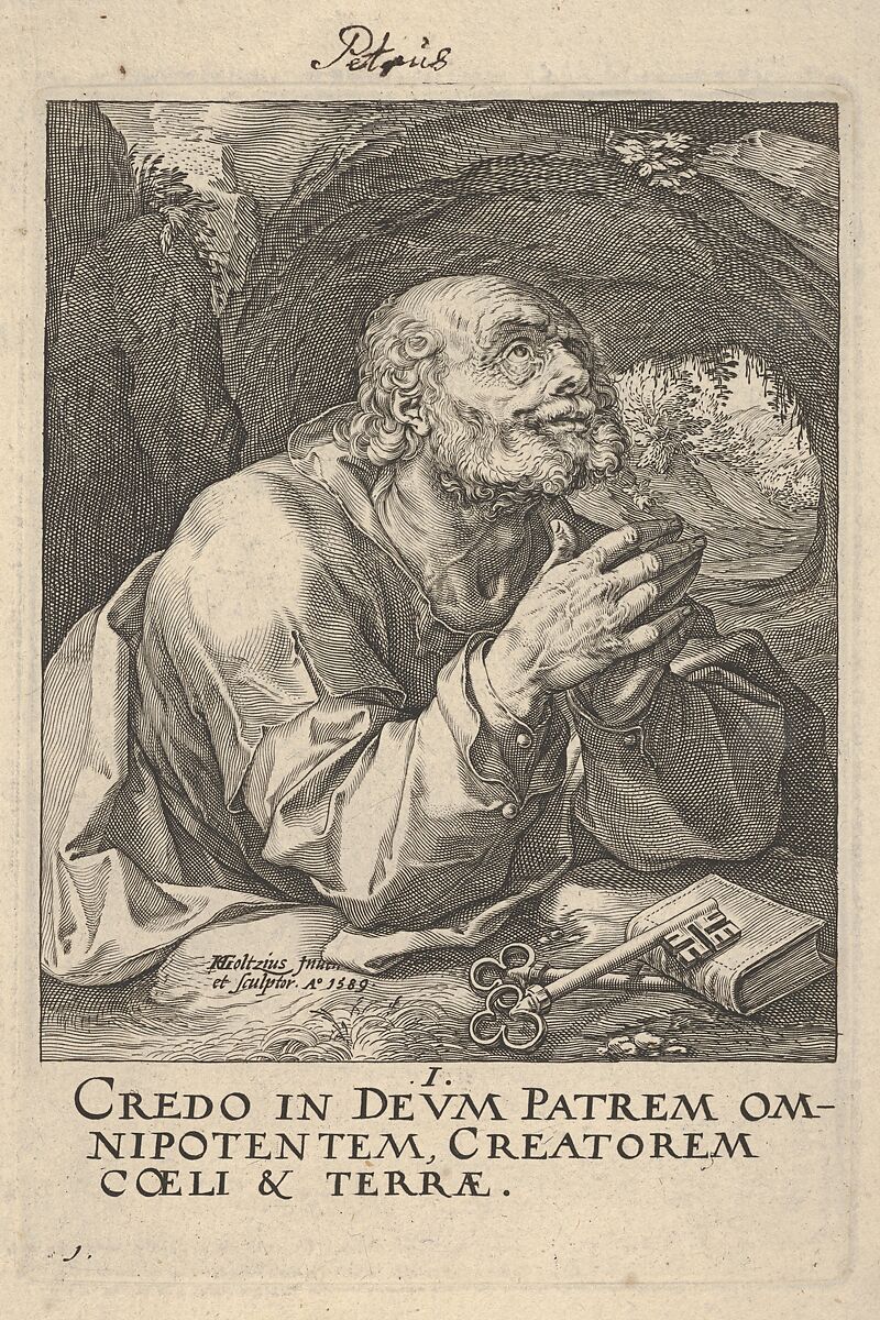 St. Peter, from Christ, the Apostles and St. Paul with the Creed, Hendrick Goltzius (Netherlandish, Mühlbracht 1558–1617 Haarlem), Engraving; first state of five 