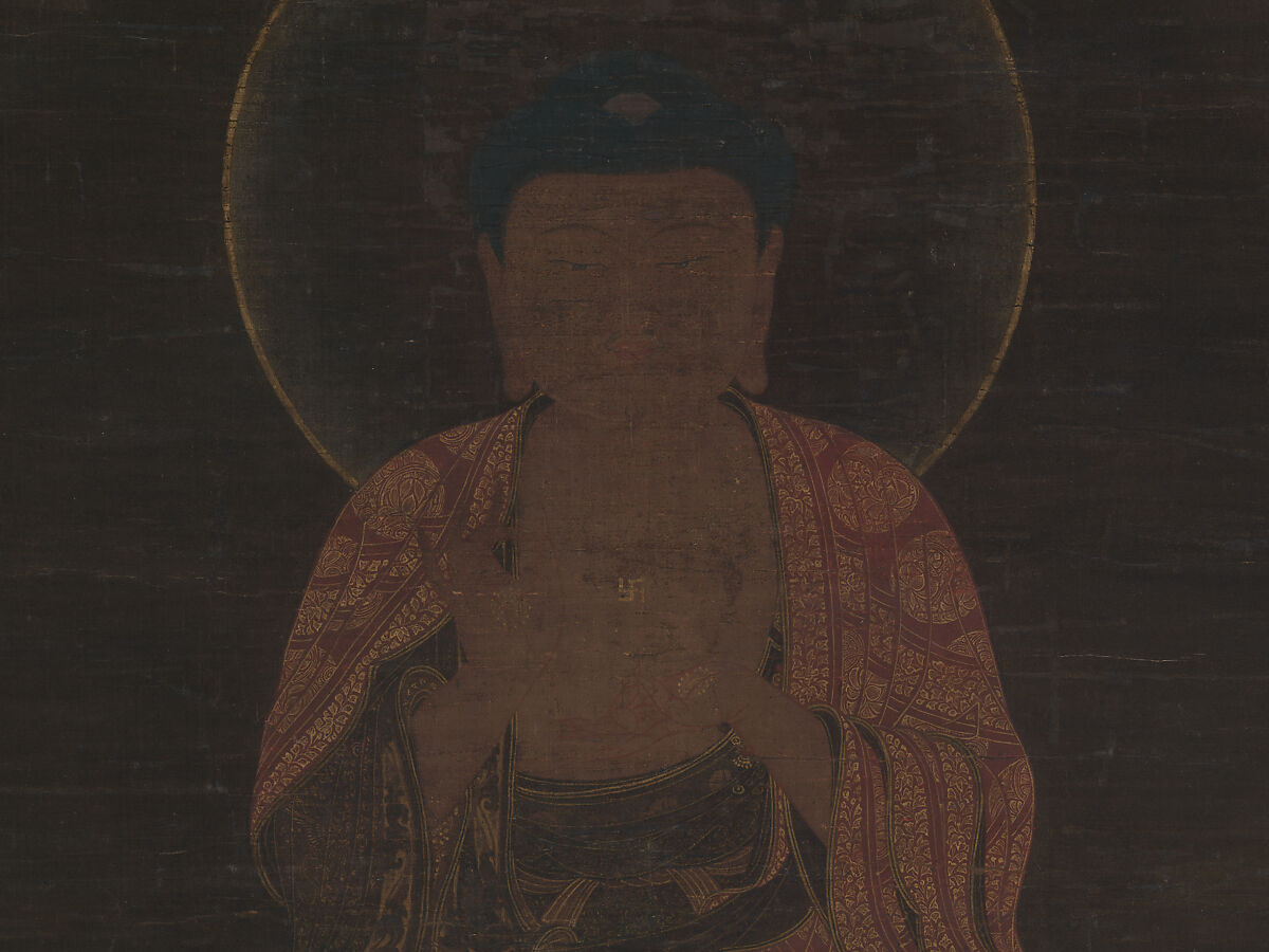 Amitabha triad, Unidentified artist, Hanging scroll; ink, color and gold on silk, Korea