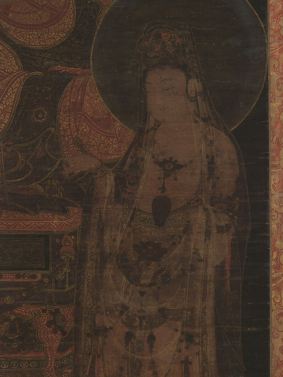 Amitabha triad, Unidentified artist, Hanging scroll; ink, color and gold on silk, Korea