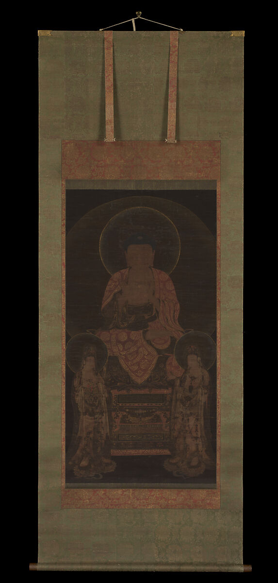 Amitabha triad, Unidentified artist, Hanging scroll; ink, color and gold on silk, Korea