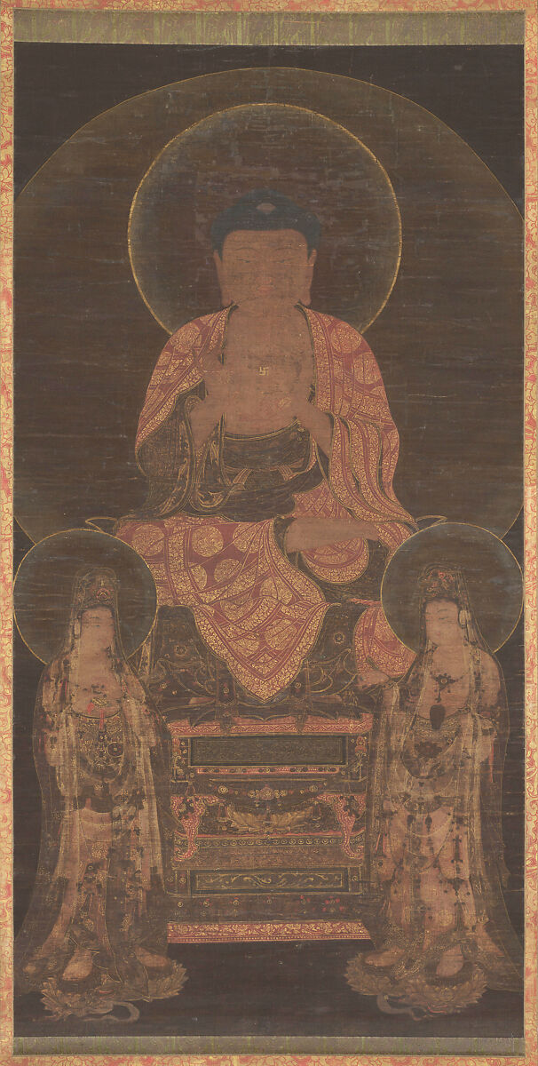 Amitabha triad, Unidentified artist, Hanging scroll; ink, color and gold on silk, Korea 