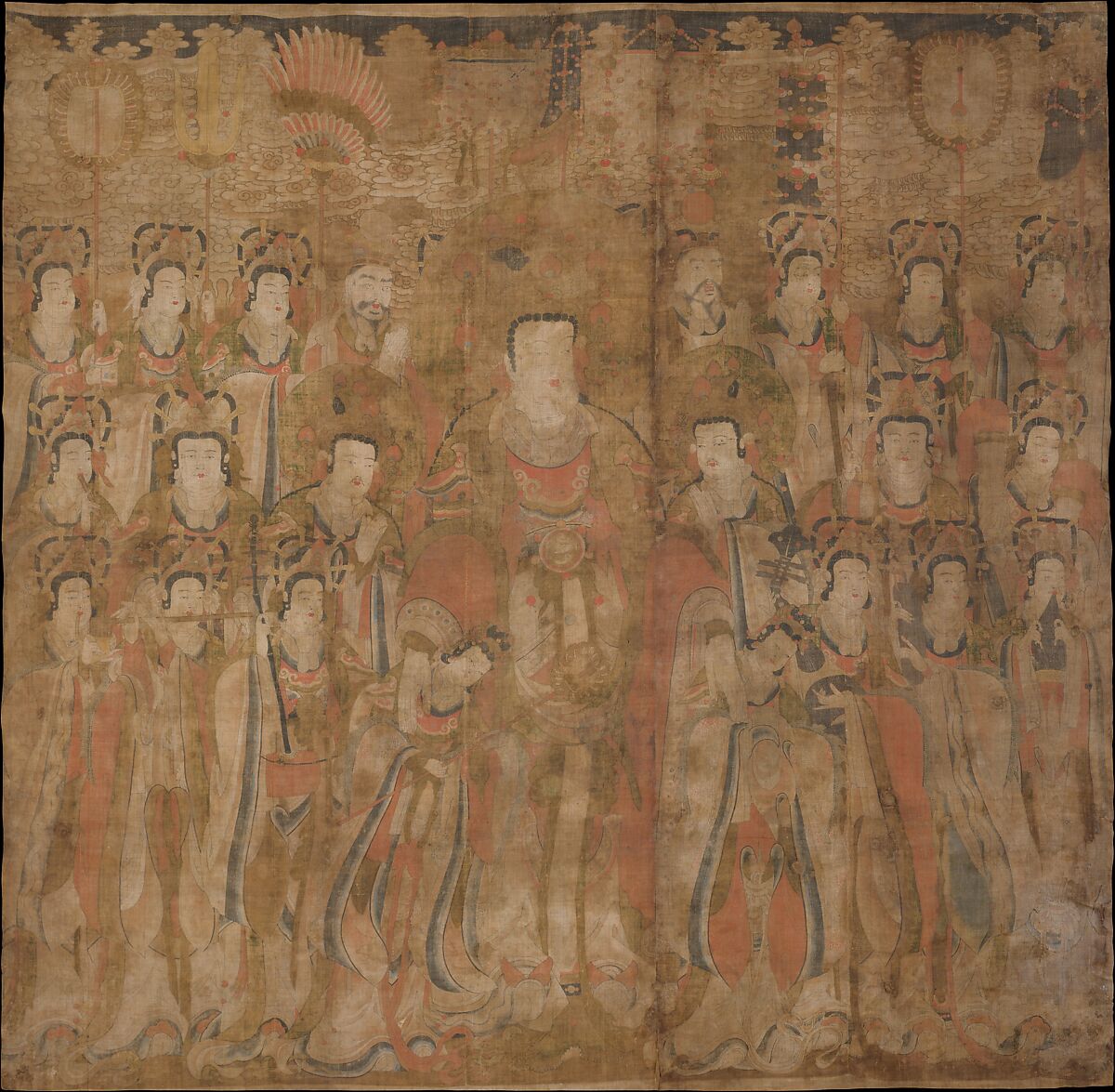 Brahma with Attendants and Musicians, Unidentified artist, Hanging scroll; ink and color on hemp, Korea 