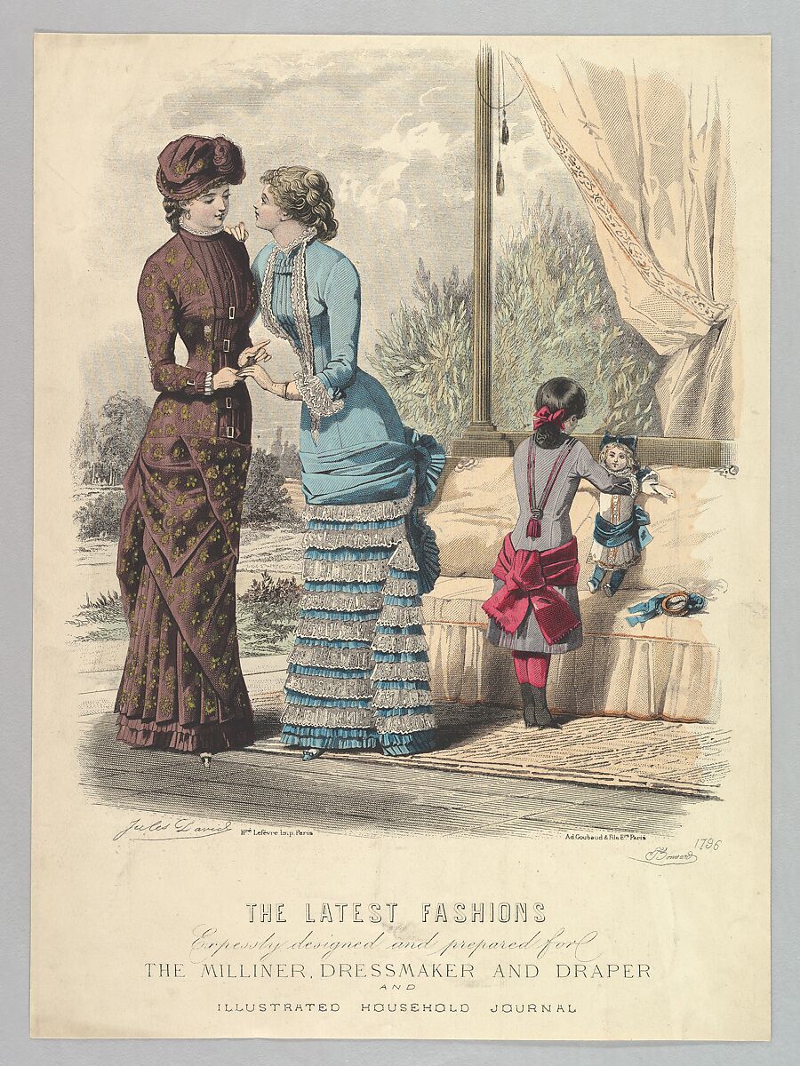 The Latest Fashions Expressly Designed and Prepared for the Milliner, Dressmaker and Draper and Illustrated Household Journal, from Le Moniteur de la Mode, Jules David (French, Paris 1808–1892 Paris), Hand-colored lithograph 