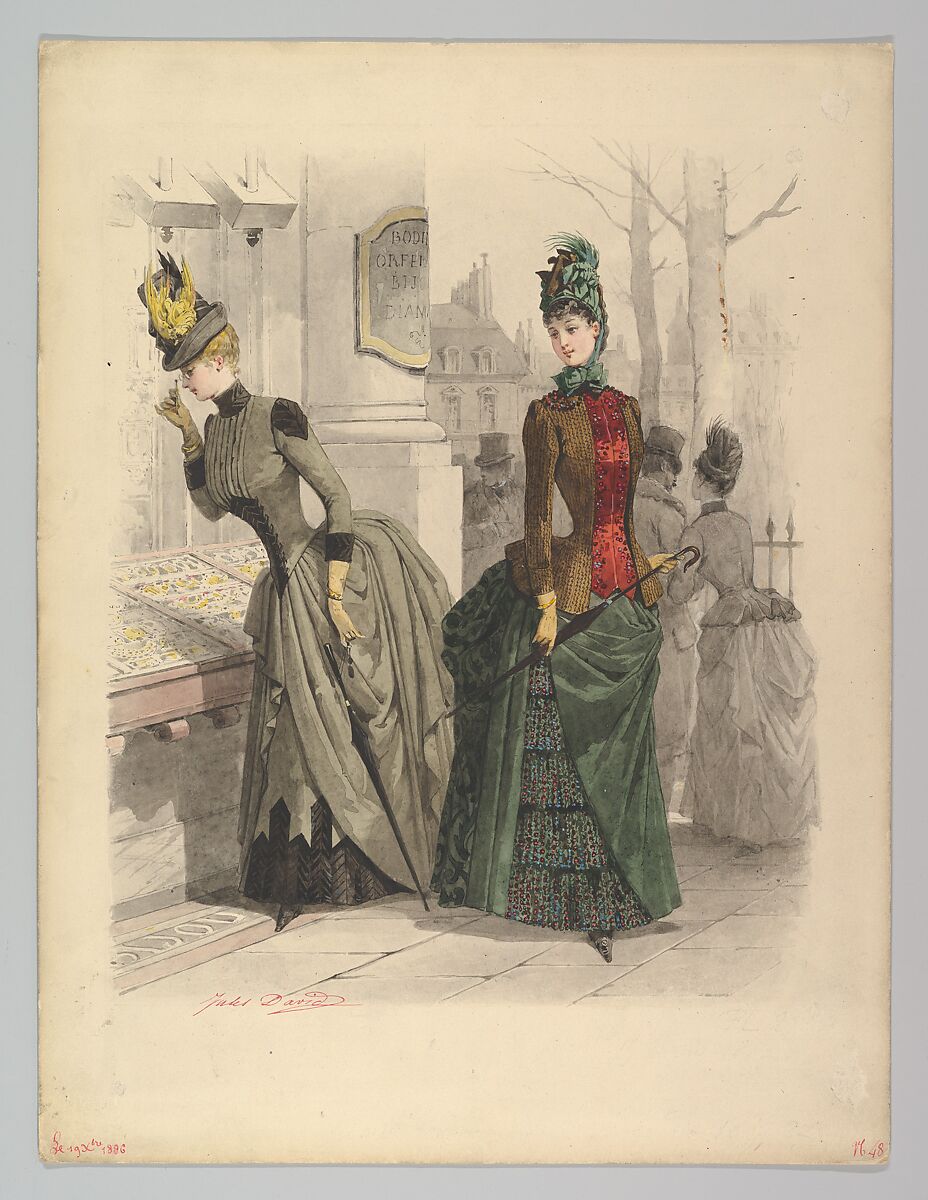 Two Women in Day Dresses: Preparatory drawing for a fashion plate from Le Moniteur de la Mode, Jules David (French, Paris 1808–1892 Paris), Watercolor 