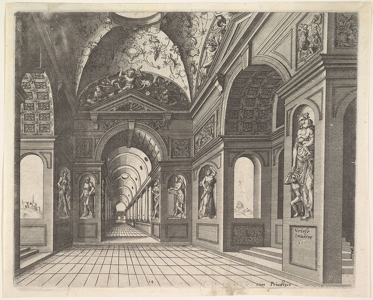 Perspective view of the interior of a hall, with cross-vault decorated with grotesques, plate 18, from Scenographiae sive Perspectivae, after Hans Vredeman de Vries (Netherlandish, Leeuwarden 1527–1606 (?)  Antwerp (?)), Etching; second state of two (Hollstein) 