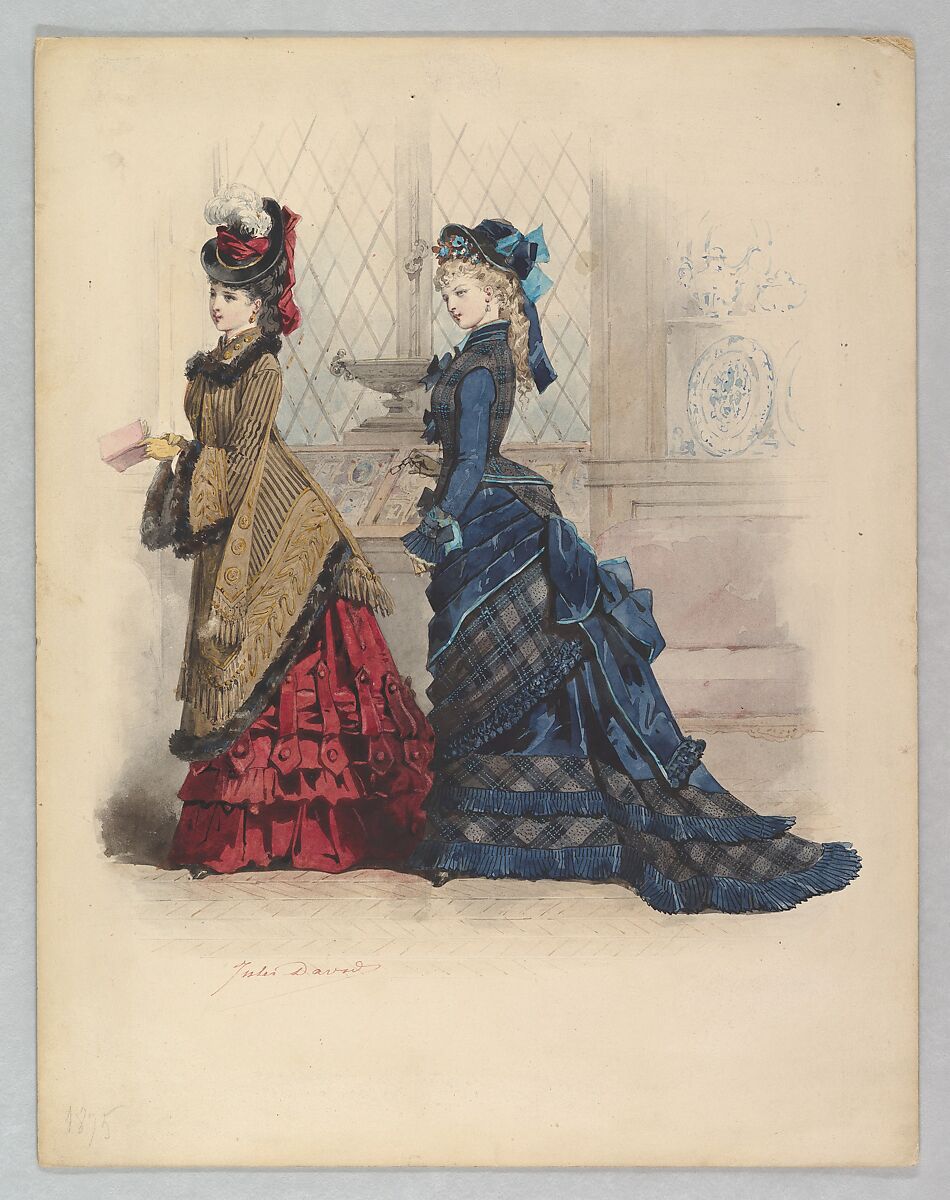 Two Women in Day Dresses, Jules David (French, Paris 1808–1892 Paris), Watercolor 