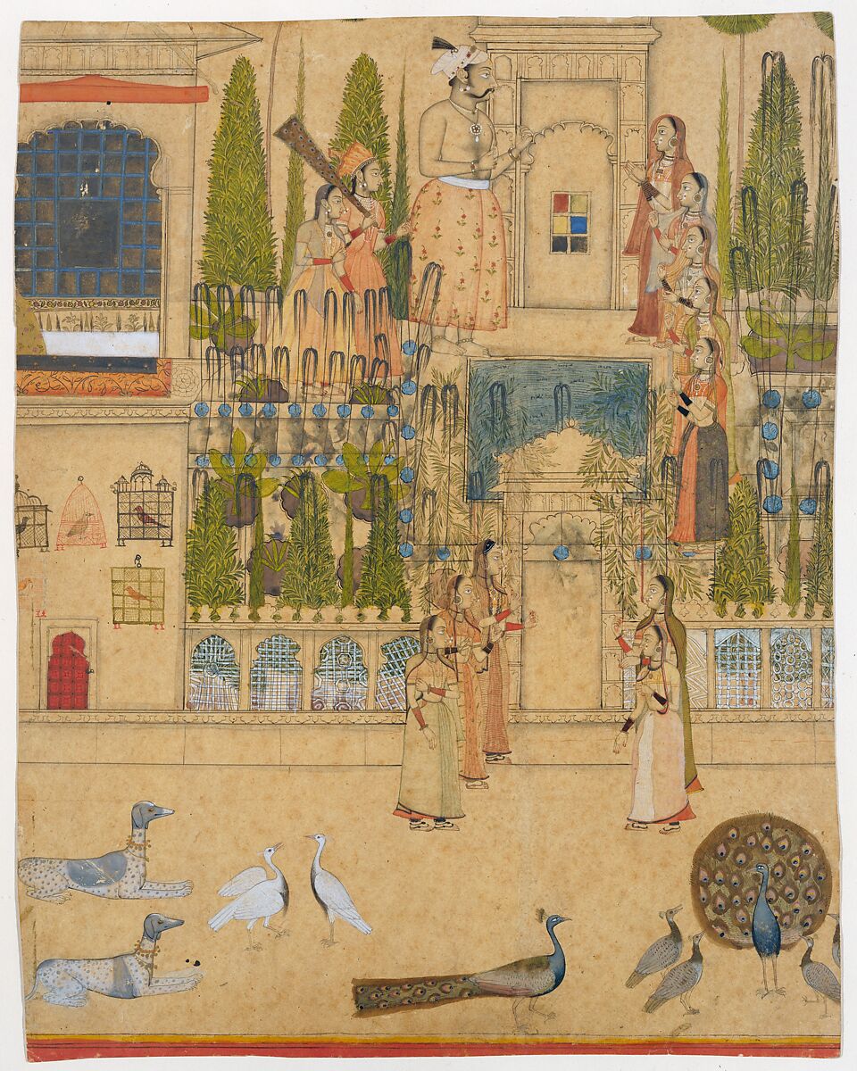 Maharana Amar Singh II with Ladies of the Zenana outside the Picture Hall at Rajnagar, Attributed to Stipple Master (Indian, active ca. 1690–1715), Opaque watercolor, ink and gold on paper, India (Udaipur, Rajasthan) 