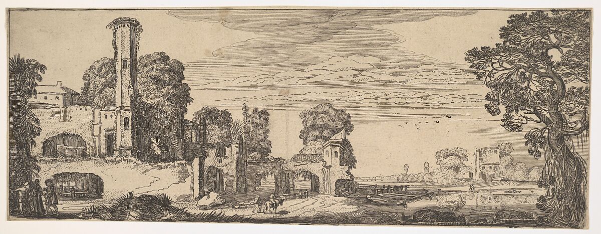 Riverscape with Ruins of a Castle (from Landscapes and Ruins), Jan van de Velde II (Dutch, Rotterdam or Delft ca. 1593–1641 Enkhuizen), Etching 