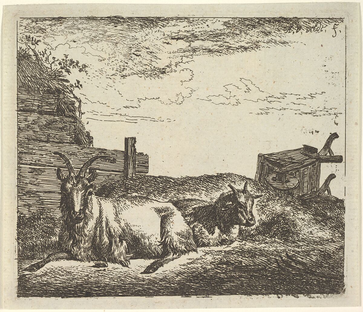 Recumbent Goats, from Different Animals, Adriaen van de Velde (Dutch, Amsterdam 1636–1672 Amsterdam), Etching 