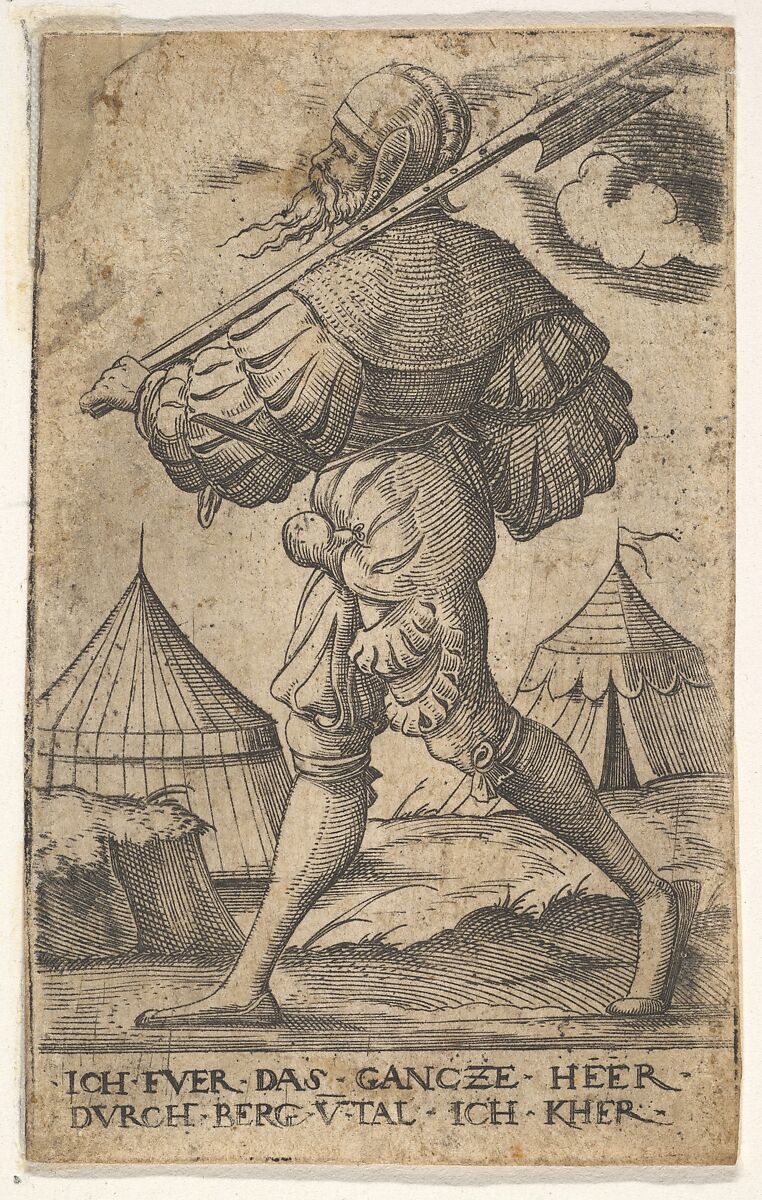 Halberdier walking left and carrying a halberd over his left shoulder, two tents beyond, from the series 'Twelve soldiers of different ranks', Virgil Solis (German, (?) 1514–1562 Nuremberg), Engraving 