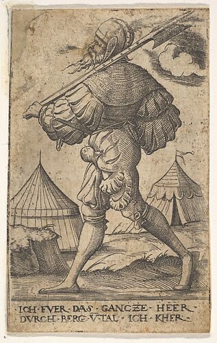 Halberdier walking left and carrying a halberd over his left shoulder, two tents beyond, from the series 'Twelve soldiers of different ranks'