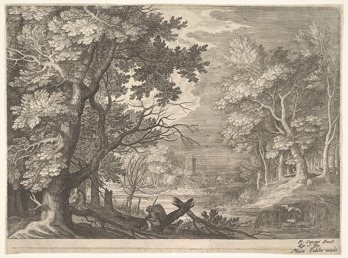 Woodland scene with marshy banks, two men and a dog in profile at left, two-long-necked birds at right, from the series 'Six landscapes in Tyrol' after Roelandt Savery, After Roelandt Savery (Flemish, Kortrijk 1576–1639 Utrecht), Engraving 