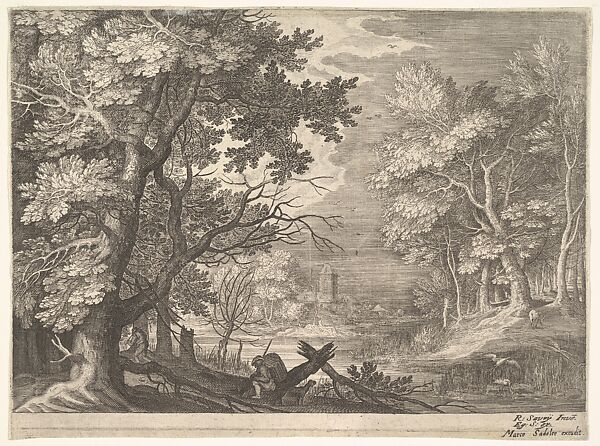 Woodland scene with marshy banks, from 