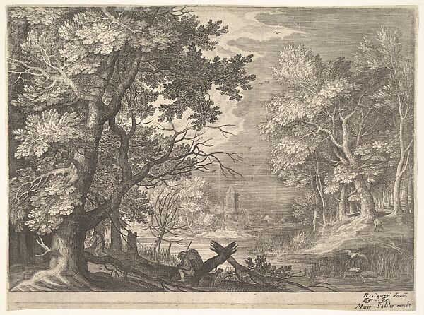 Woodland scene with marshy banks, two men and a dog in profile at left, two-long-necked birds at right, from the series 'Six landscapes in Tyrol' after Roelandt Savery