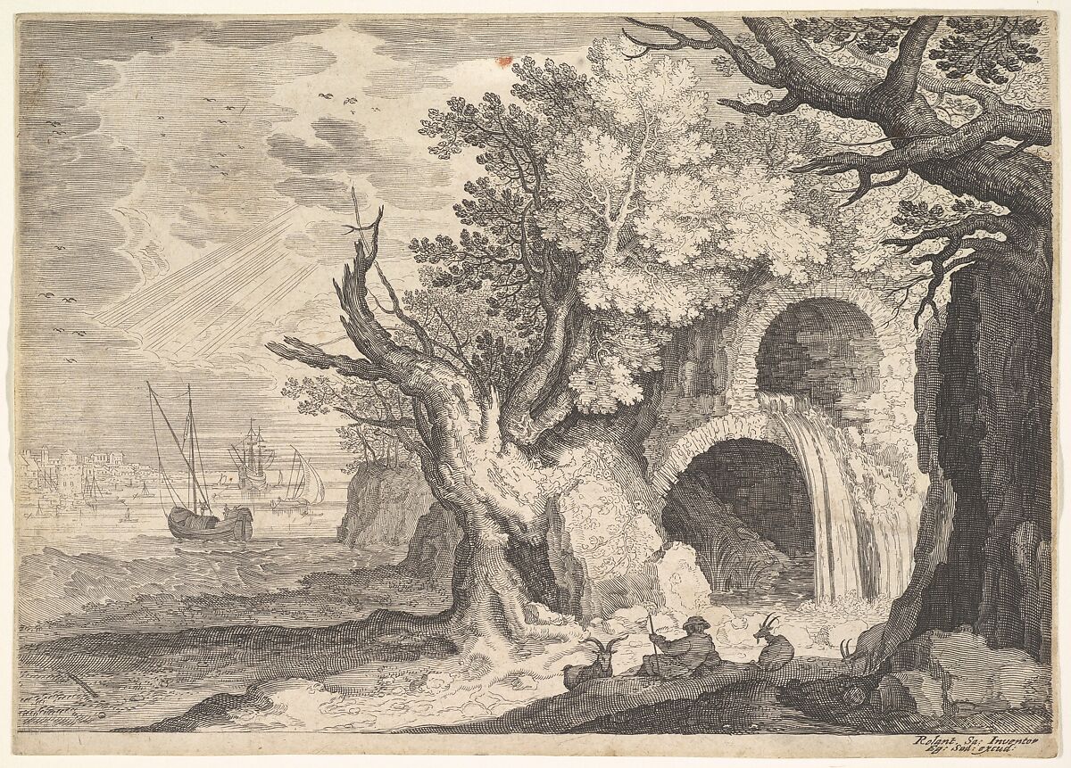 Ruined aqueduct with water spilling from it to a stream below, ships at sea beyond, a man reclining on the ground with three goats in the foreground, from the series 'Six landscapes in Tyrol' after Roelandt Savery, After Roelandt Savery (Flemish, Kortrijk 1576–1639 Utrecht), Engraving 