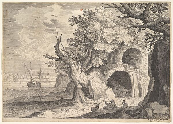 Ruined aqueduct with water spilling from it to a stream below, ships at sea beyond, a man reclining on the ground with three goats in the foreground, from the series 'Six landscapes in Tyrol' after Roelandt Savery