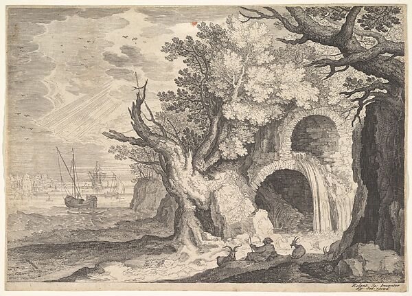 Ruined aqueduct with water spilling from it to a stream below, ships at sea beyond, a man reclining on the ground with three goats in the foreground, from 