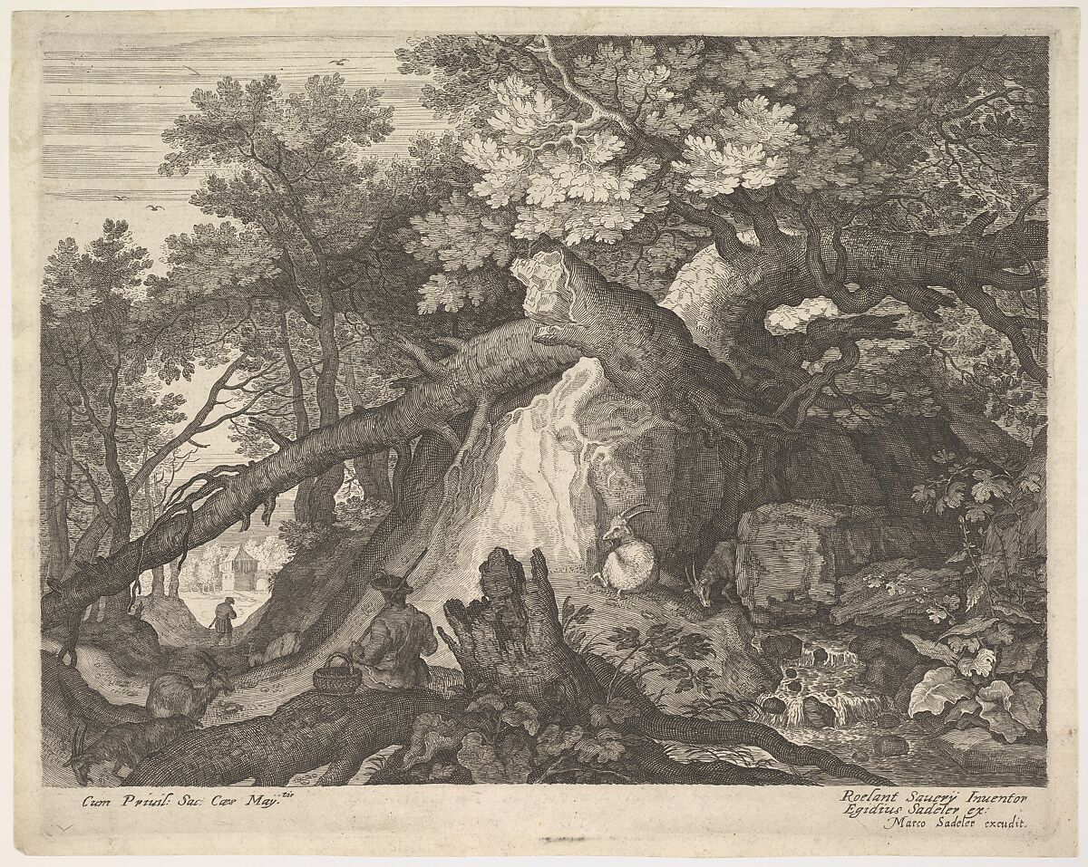 A man holding a staff and seated on a tree trunk; with two goats to either side; surrounded by downed trees, foliage, and a stream; from a series of six landscapes after Roelandt Savery, After Roelandt Savery (Flemish, Kortrijk 1576–1639 Utrecht), Engraving 