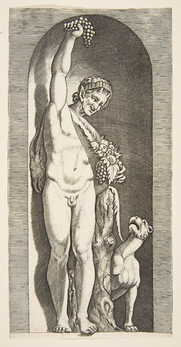 A faun standing in a niche holding aloft a bunch of grapes with his right hand and fruit with his left hand, a dog lower right, Marco Dente (Italian, Ravenna, active by 1515–died 1527 Rome), Engraving 
