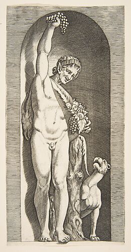 A faun standing in a niche holding aloft a bunch of grapes with his right hand and fruit with his left hand, a dog lower right