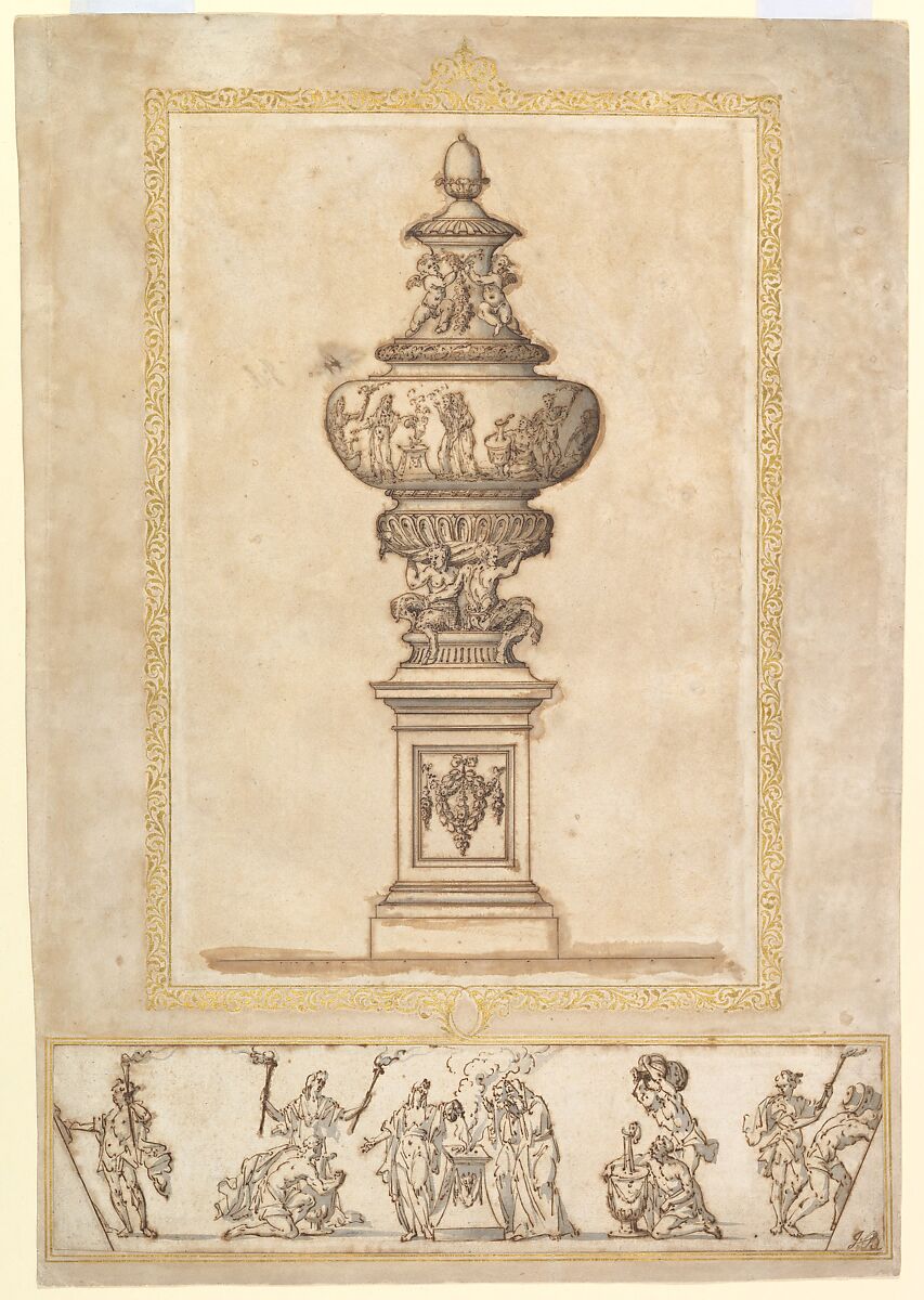 Study of an Urn; Study for the Frieze Decoration around the Urn, Edward Pierce (Pearce) II (British, London ca. 1635–ca. 1695 London), Pen and brown ink, brush and blue-gray wash, over black chalk; stencilled gold border 
