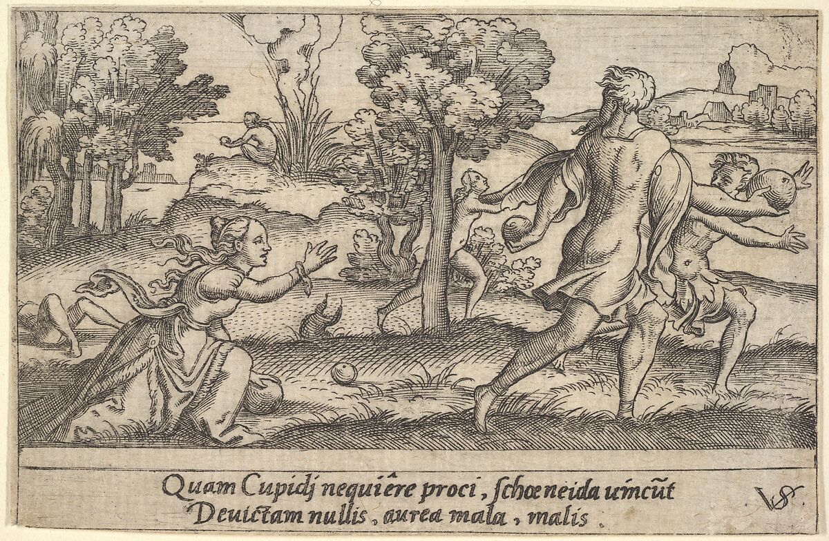 Atalanta and Hippomemes, in the foreground Atalanta kneeling to pick up an apple and Hippomemes running with an apple in either hand, in the landscape background Atalanta running, from a series of four mythological scenes, Virgil Solis (German, (?) 1514–1562 Nuremberg), Engraving 