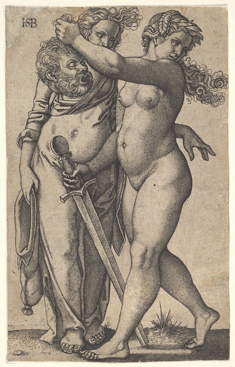 Judith walking to the left with the head of Holofernes in her right hand and a sword in her left hand, her servant standing behind the head to left, Sebald Beham (German, Nuremberg 1500–1550 Frankfurt), Engraving 