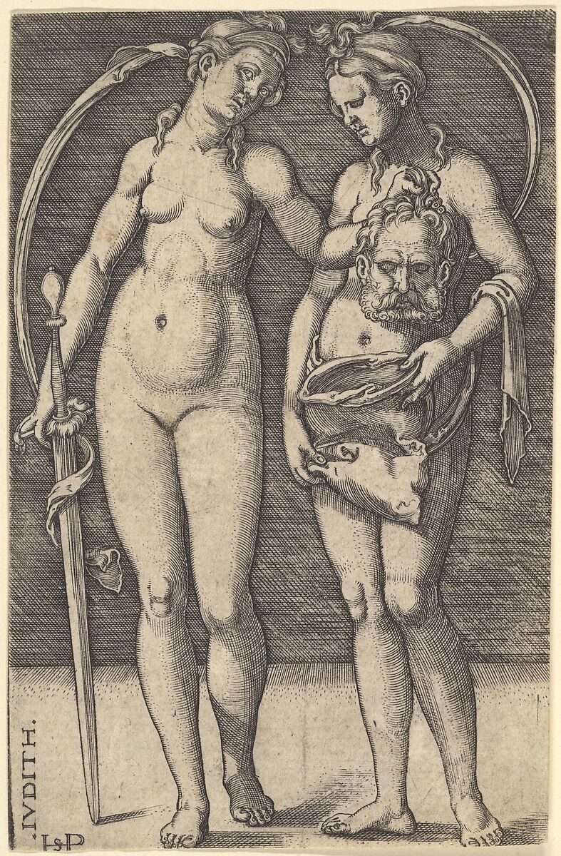 Judith standing to right and holding the head of Holofernes in her right hand and a sword in her left hand, her servant standing to right holding an open bag, Sebald Beham (German, Nuremberg 1500–1550 Frankfurt), Engraving 