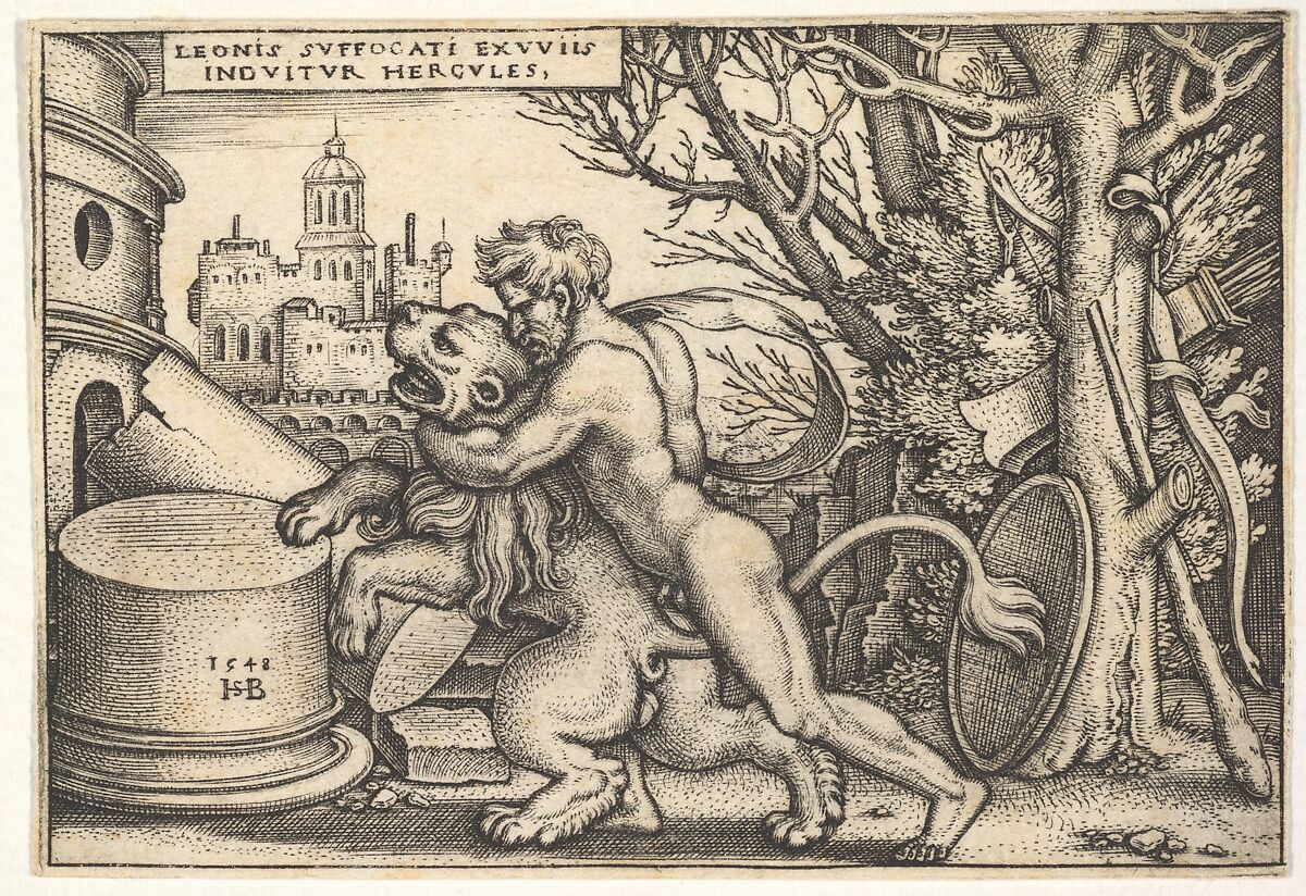 Hercules, in profile, killing the Nemean lion with his arm around its neck, from 'The labors of Hercules', Sebald Beham (German, Nuremberg 1500–1550 Frankfurt), Engraving; second of two states 