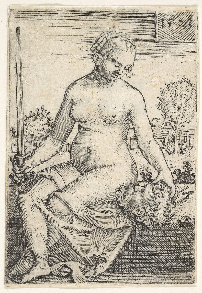 Judith, seated nude with a sword in her right hand, gazing down at the head of Holofernes in her left hand, Barthel Beham (German, Nuremberg ca. 1502–1540 Italy), Engraving 