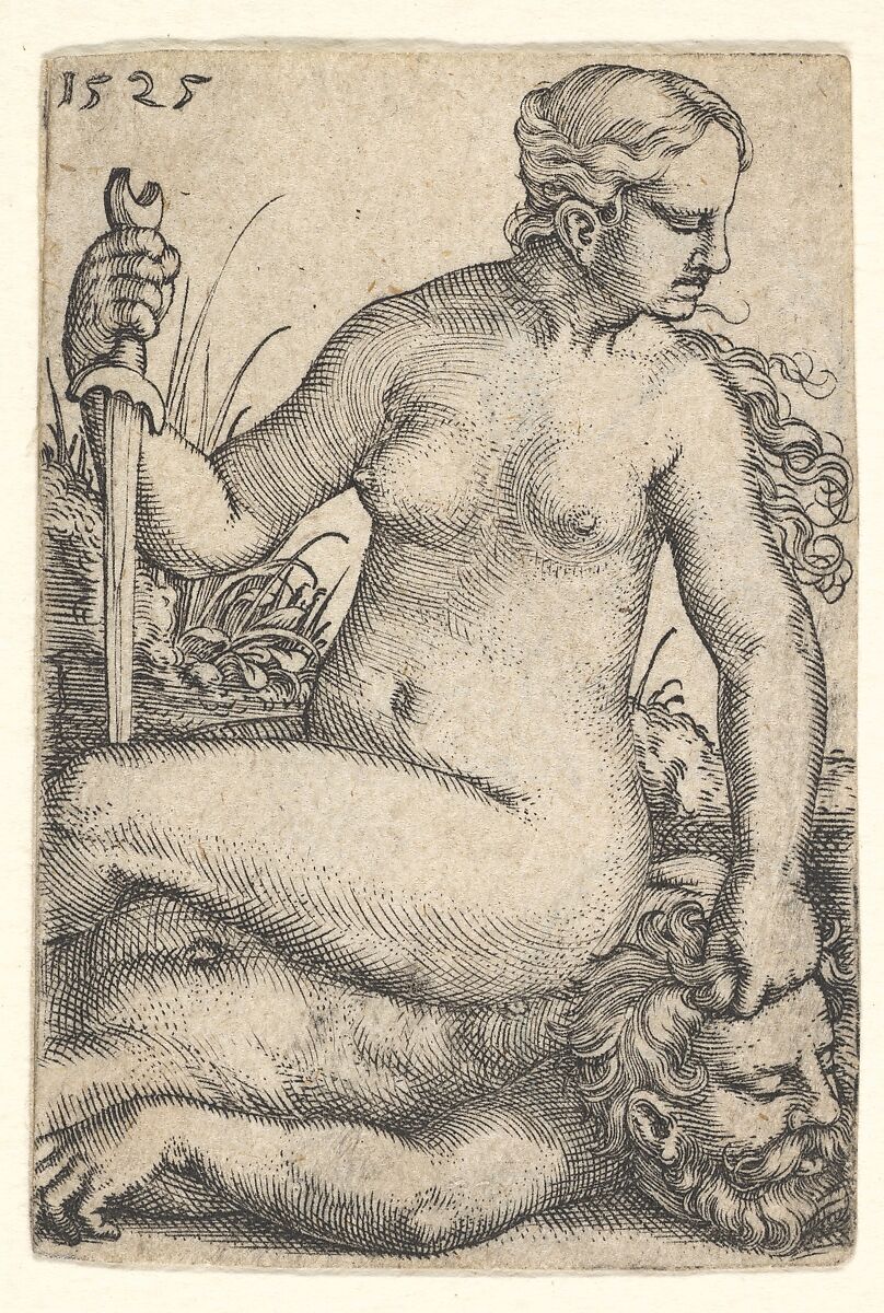 Judith, looking towards the right, seated nude atop the dead body of Holofernes, with a sword in her right hand and the head of Holofernes in her left hand, Barthel Beham (German, Nuremberg ca. 1502–1540 Italy), Engraving 