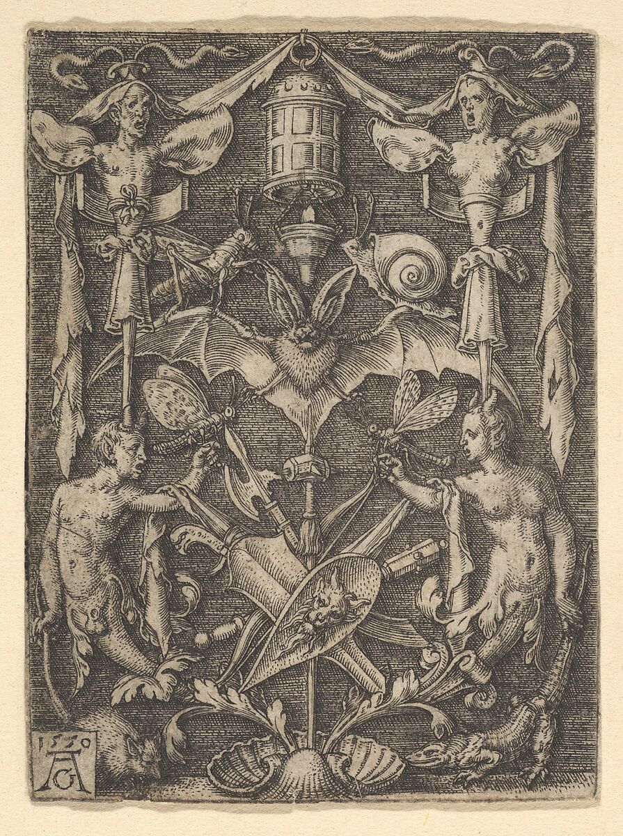 Design for a Candelabra Grotesque with a Bat in the Center, Heinrich Aldegrever (German, Paderborn ca. 1502–1555/1561 Soest), Engraving 