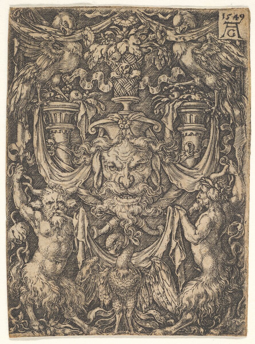 Ornamental Design with a Mask and an Eagle between Two Fauns below, Heinrich Aldegrever (German, Paderborn ca. 1502–1555/1561 Soest), Engraving 