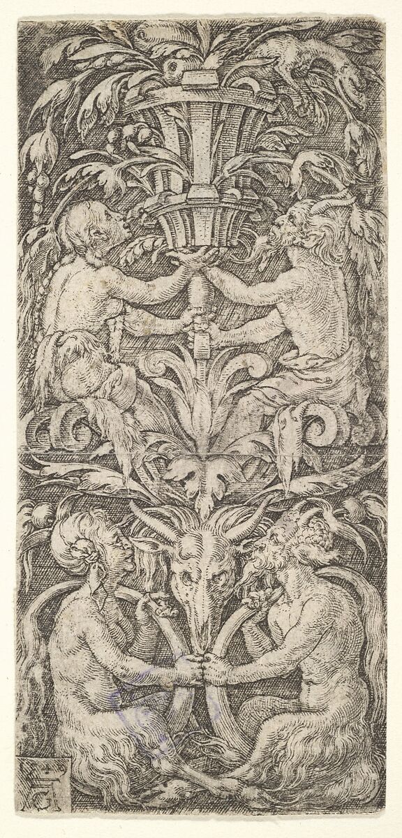 Ornament with Two Couples of Satyrs, Heinrich Aldegrever (German, Paderborn ca. 1502–1555/1561 Soest), Engraving 