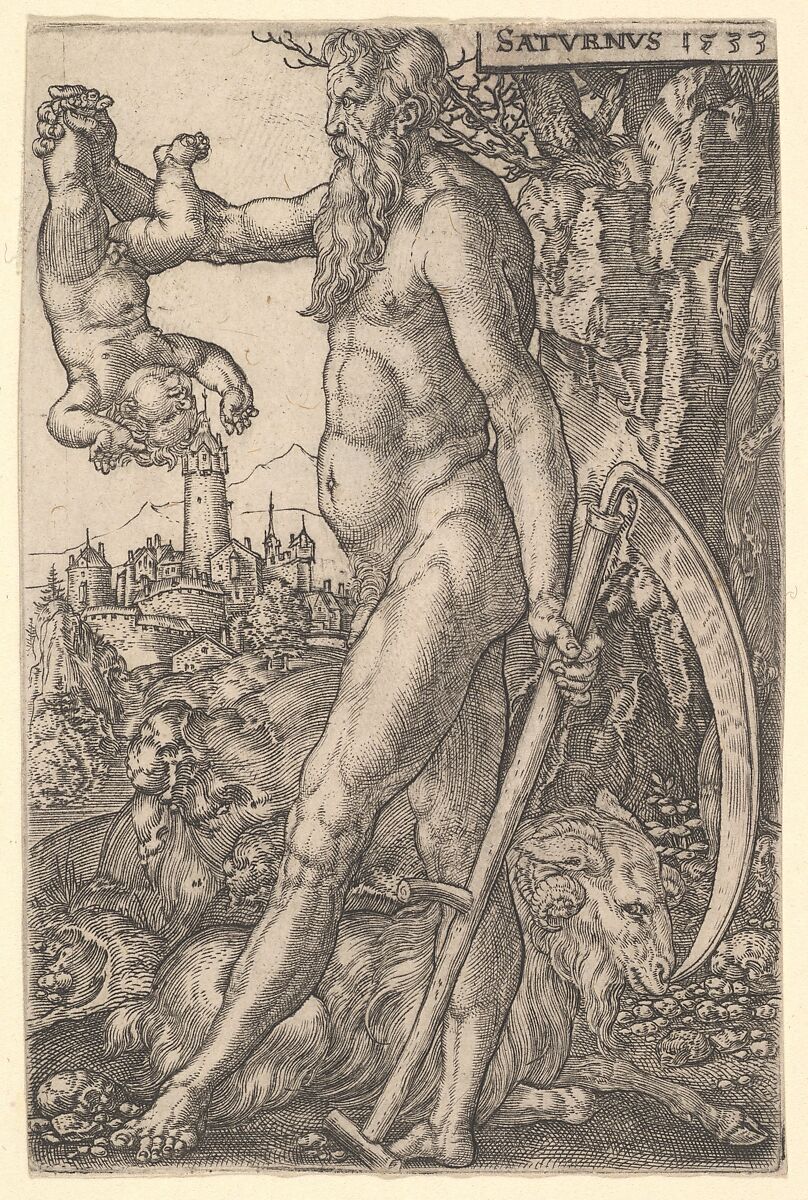 Saturn holding an Infant and a Scythe, from The Seven Planets, Heinrich Aldegrever (German, Paderborn ca. 1502–1555/1561 Soest), Engraving 