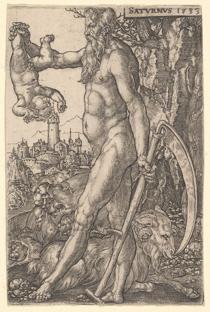 Saturn holding an Infant and a Scythe, from "The Seven Planets", Heinrich Aldegrever (German, Paderborn ca. 1502–1555/1561 Soest), Engraving 