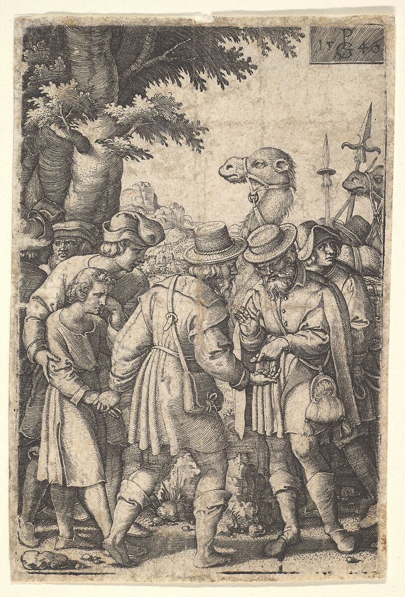 Joseph sold to the merchants: a bearded man grasping Joseph with his left hand receives coins in his right hand, from the series 'The Story of Joseph', Georg Pencz (German, Wroclaw ca. 1500–1550 Leipzig), Engraving 