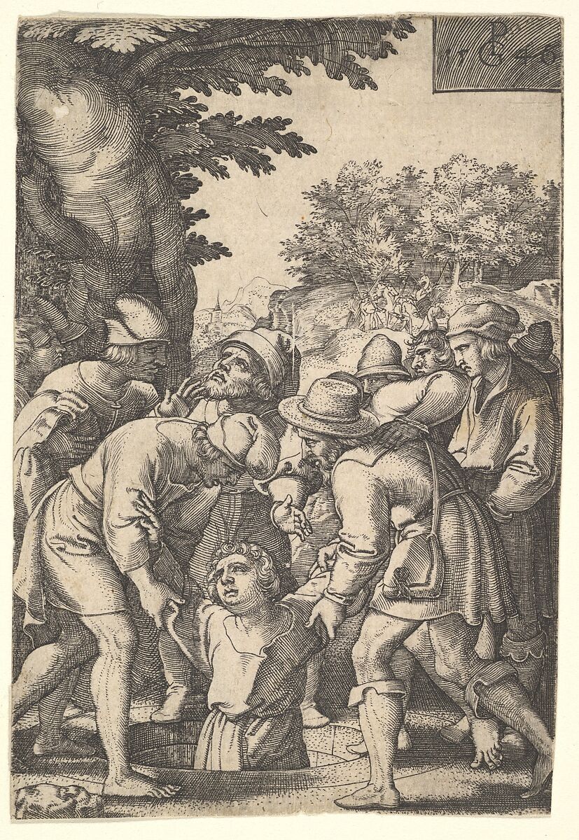 Joseph lowered into a well by his brothers, from the series 'The Story of Joseph', Georg Pencz (German, Wroclaw ca. 1500–1550 Leipzig), Engraving 
