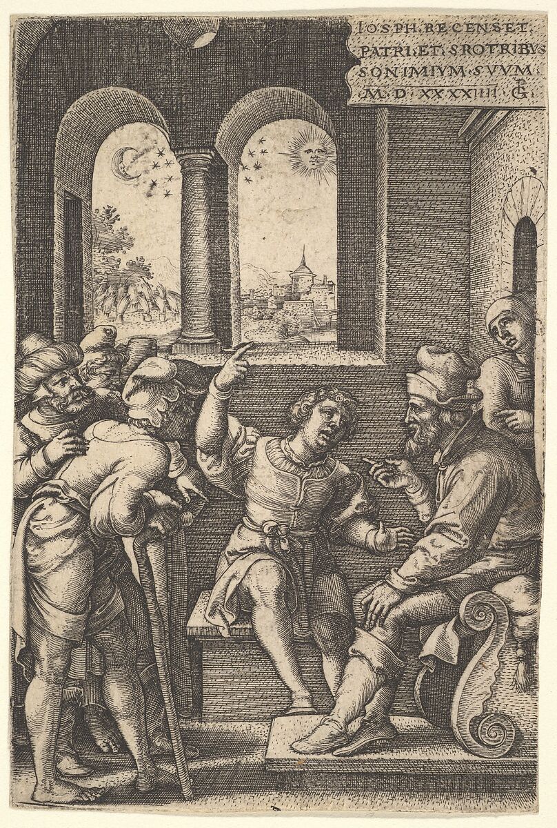 Joseph explains his dream to his brothers and father in an interior setting; the sun, moon, and stars above a landscape in the portal beyond, from the series 'The Story of Joseph', Georg Pencz (German, Wroclaw ca. 1500–1550 Leipzig), Engraving 