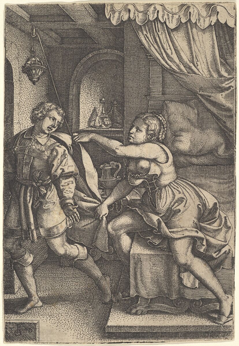Joseph strides away from Potiphar's wife, who clutches his cloak with both hands as she straddles the corner of a bed, from the series 'The Story of Joseph', Georg Pencz (German, Wroclaw ca. 1500–1550 Leipzig), Engraving 