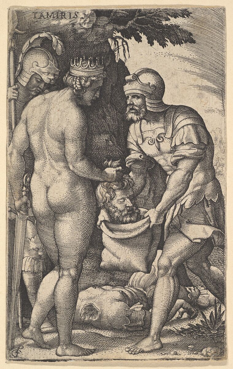 Tomyris, shown nude from behind, placing the head of Cyrus into a sack held by a soldier, the decapitated body of Cyrus on the ground at her feet, from a series of four mythological scenes, Georg Pencz (German, Wroclaw ca. 1500–1550 Leipzig), Engraving 