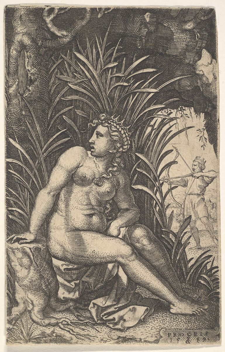 Cephalus and Procris: Procris turns her head over her right shoulder while seated nude in a thicket, Cephalus draws an arrow with a bow beyond, from a series of four mythological scenes, Georg Pencz (German, Wroclaw ca. 1500–1550 Leipzig), Engraving 