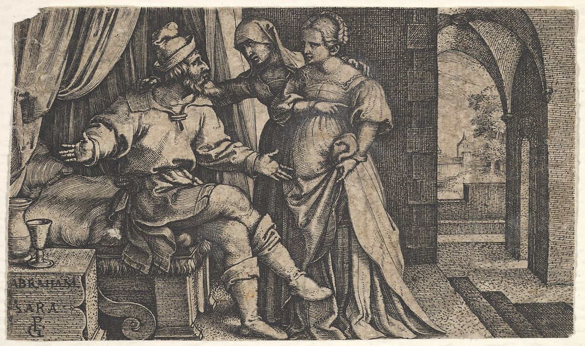 Sarah presenting Hagar to Abraham, who sits at the foot of a bed, from the series 'The Story of Abraham', Georg Pencz (German, Wroclaw ca. 1500–1550 Leipzig), Engraving 