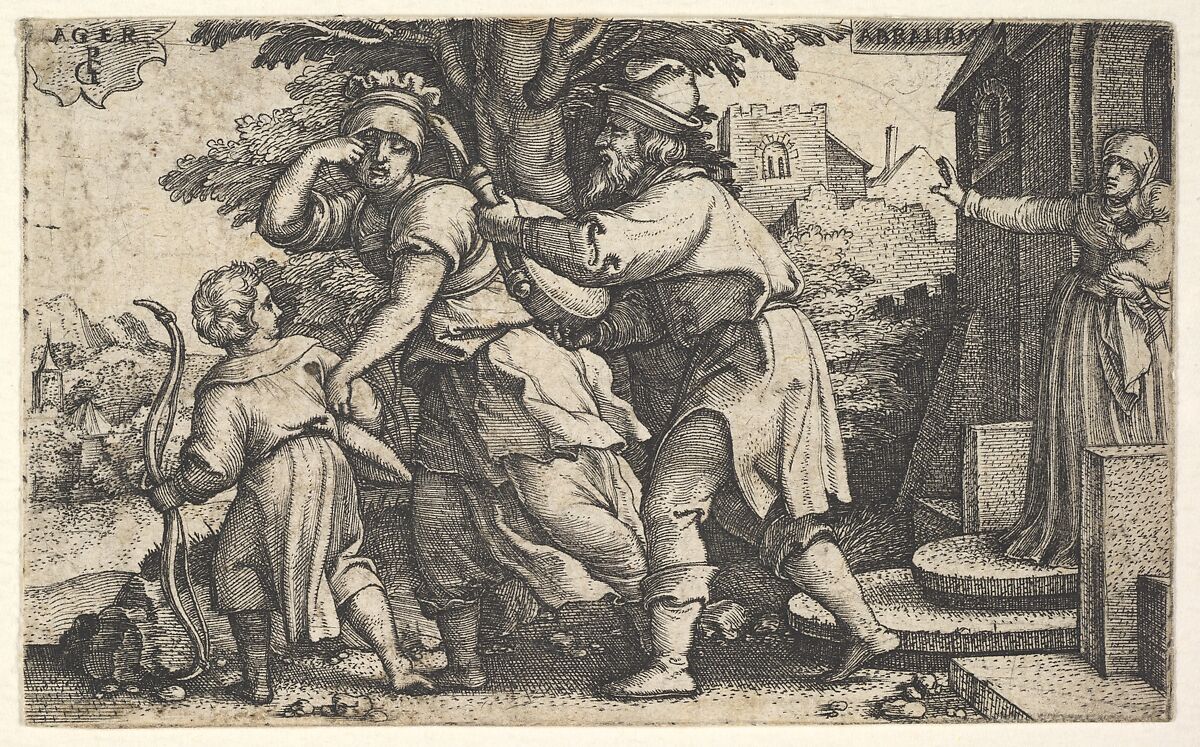 Abraham sending away Hagar and Ishmael: Abraham holds forth a vessel as Hagar and Ishmael stride before him, from the series 'The Story of Abraham', Georg Pencz (German, Wroclaw ca. 1500–1550 Leipzig), Engraving 