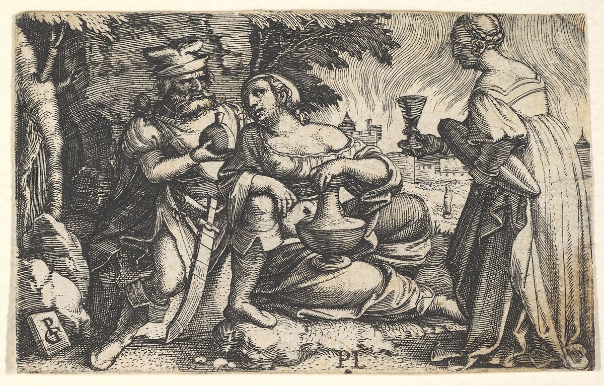 Lot and his daughters: a daughter at center rests her right arm on Lot's knee and a vessel on her thigh, at right a daughter holds a goblet in her outstreched right hand, from a series of ten Old Testament scenes, Georg Pencz (German, Wroclaw ca. 1500–1550 Leipzig), Engraving 