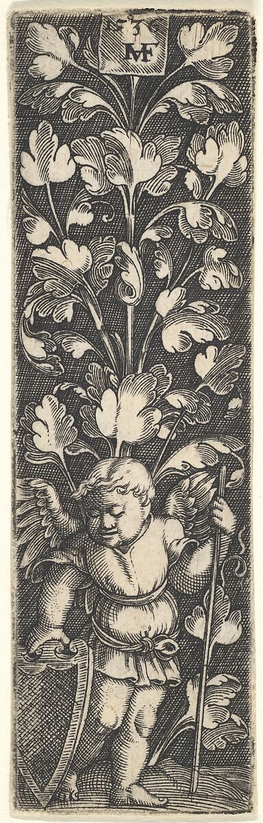 Ornament with a Genius Holding a Shield, Master MVHF (German (?), 1500–1550), Engraving 