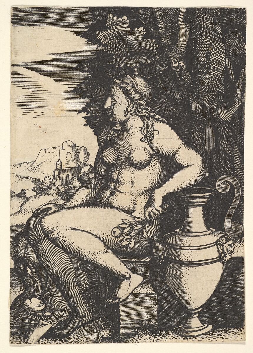 Seated nude next to a vase, Master FG (Italian, active mid-16th century), Engraving 