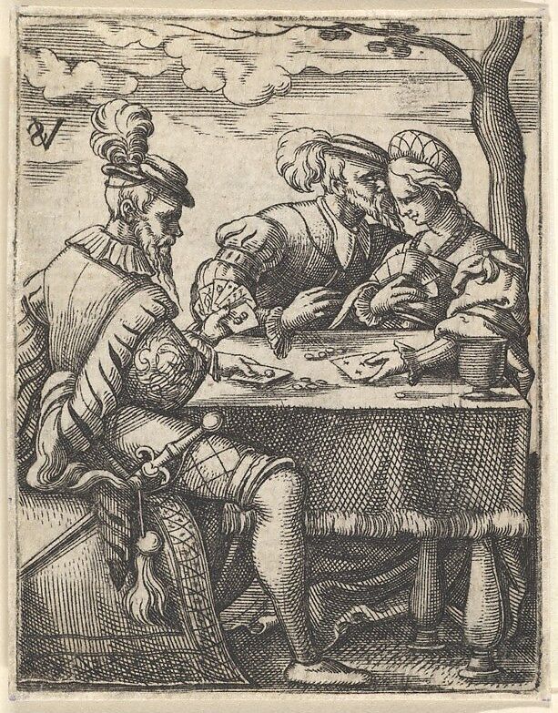 Two men and a woman playing cards at a table, one man pressing his nose toward the woman's forehead, from a series of ten scenes of musicians and couples dancing, drinking, playing music, and playing cards, Virgil Solis (German, (?) 1514–1562 Nuremberg), Engraving 