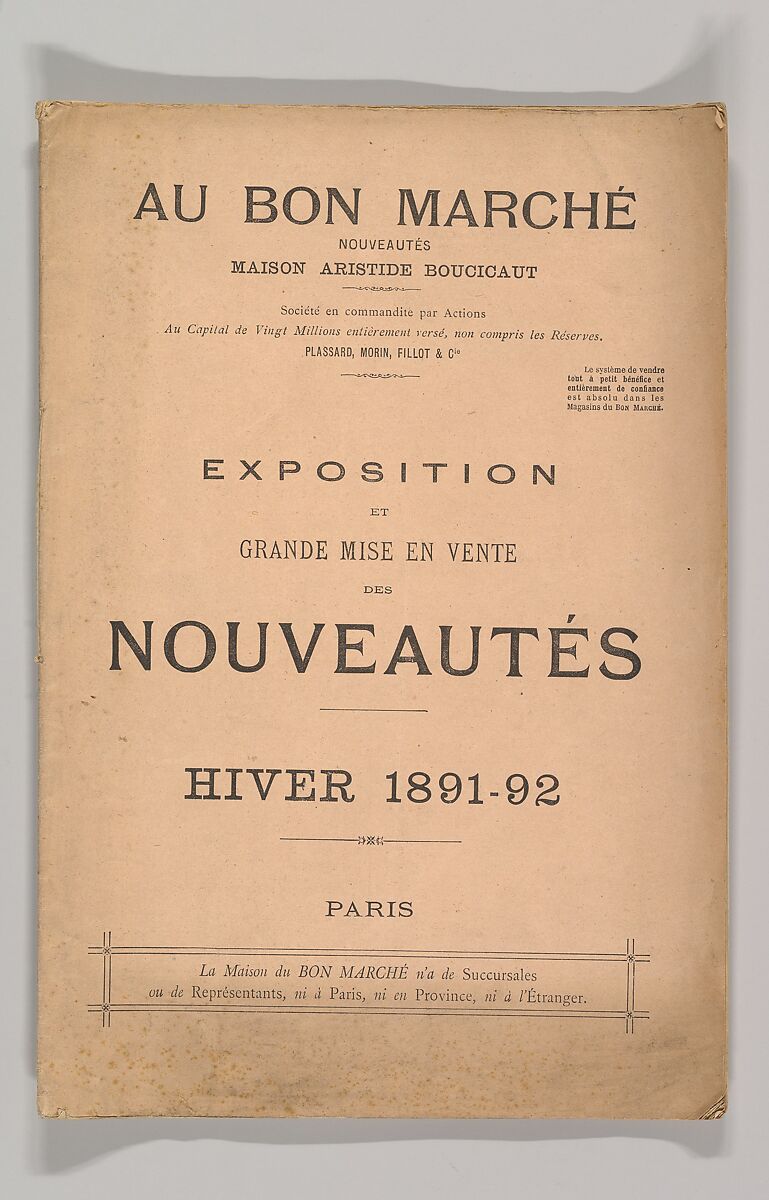 Au Bon Marché-Exposition et Grande Misé en Vente des Nouveautés Hiver 1891–92, Wood engraving 